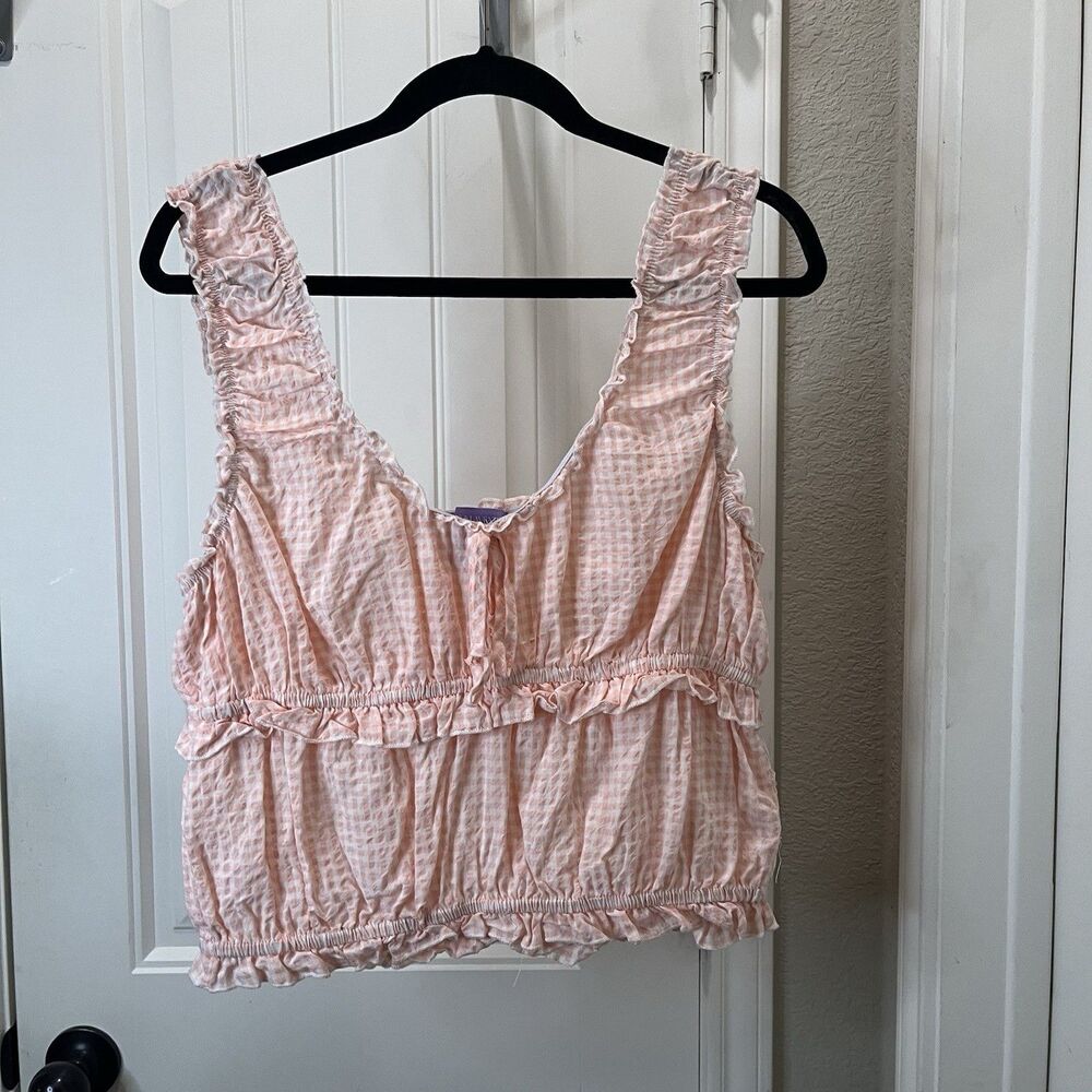 Lotus & Lavender Pink White Gingham Plaid Smocked Ruffle Hem Sleeveless Top XL